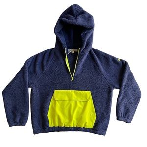 Outerknown Cozy Sherpa Half Zip Hoodie Navy Blue/Neon Yellow NWT